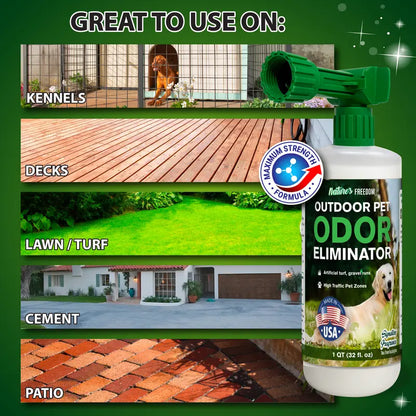 Nature's Freedom Outdoor Pet Odor Eliminator - Hose-End Quart Spray - Tea Tree and Eucalyptus - No Harsh Enzymes - Turf, Kennels, Patios, Decks