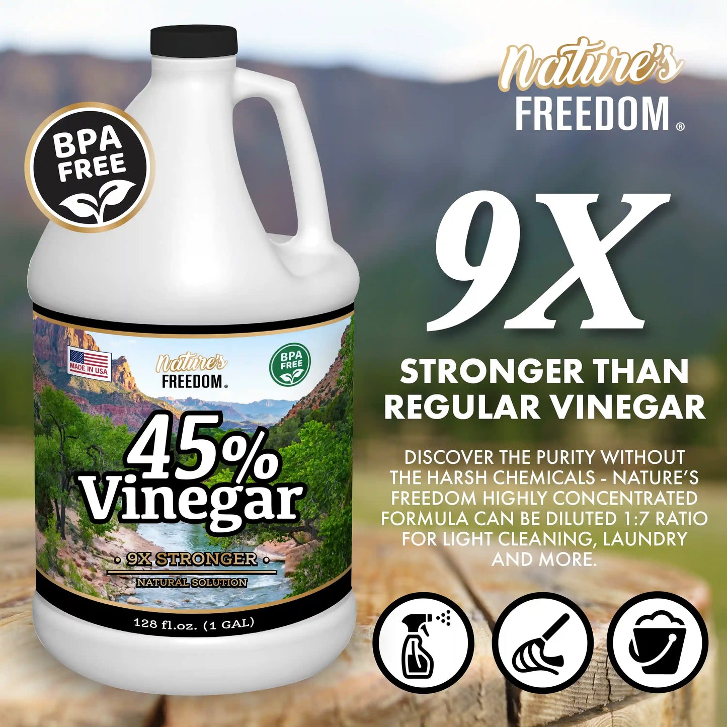 Nature's Freedom 45% vinegar 9x stronger than regular vinegar BPA free