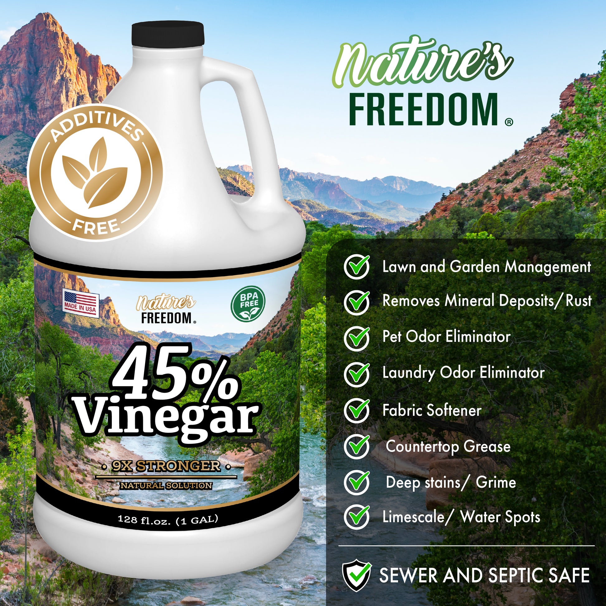 Nature's Freedom 45% vinegar additives free sewer and septic safe lawn garden pet odor laundry uses