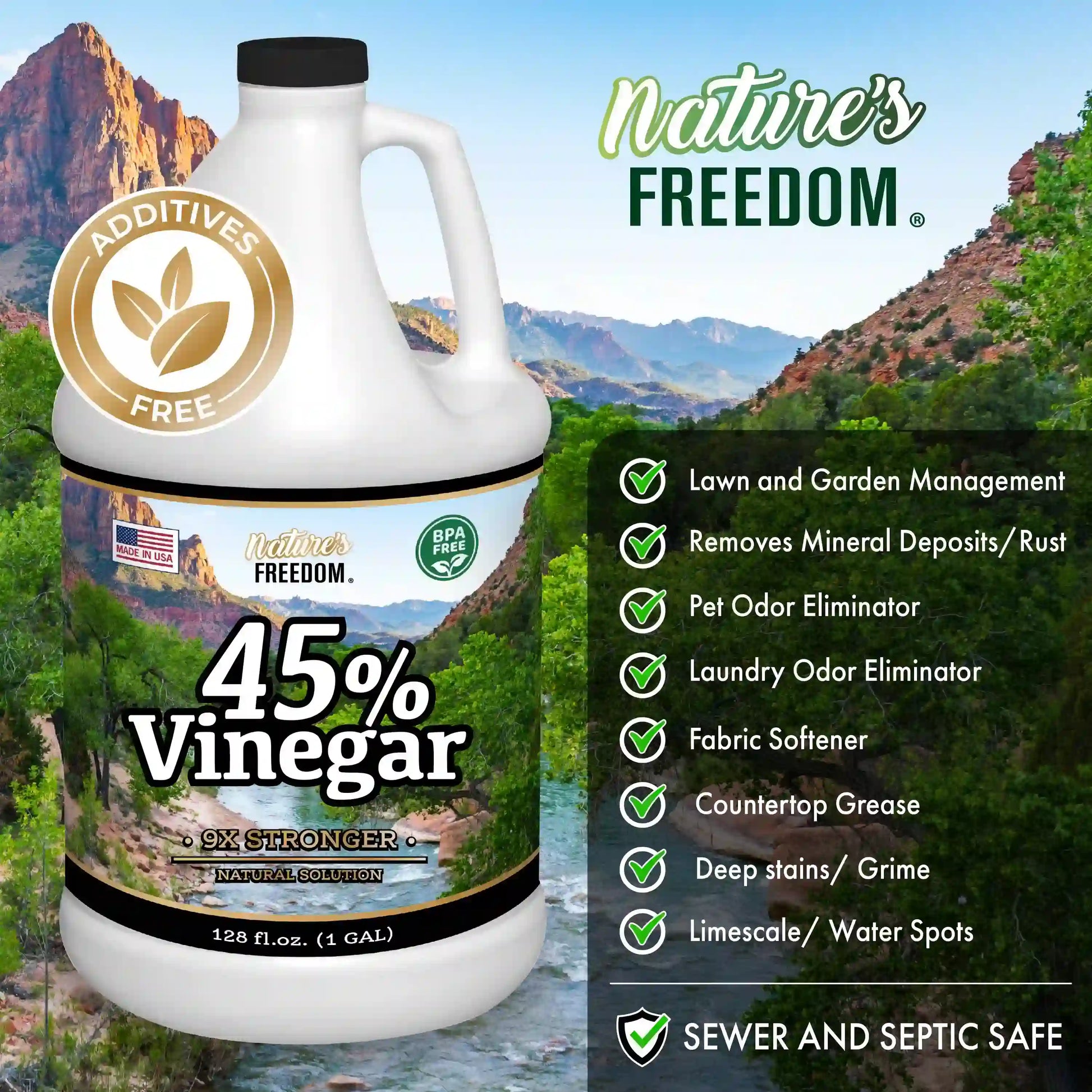 Nature's Freedom 45% vinegar additives free sewer and septic safe lawn garden pet odor laundry uses