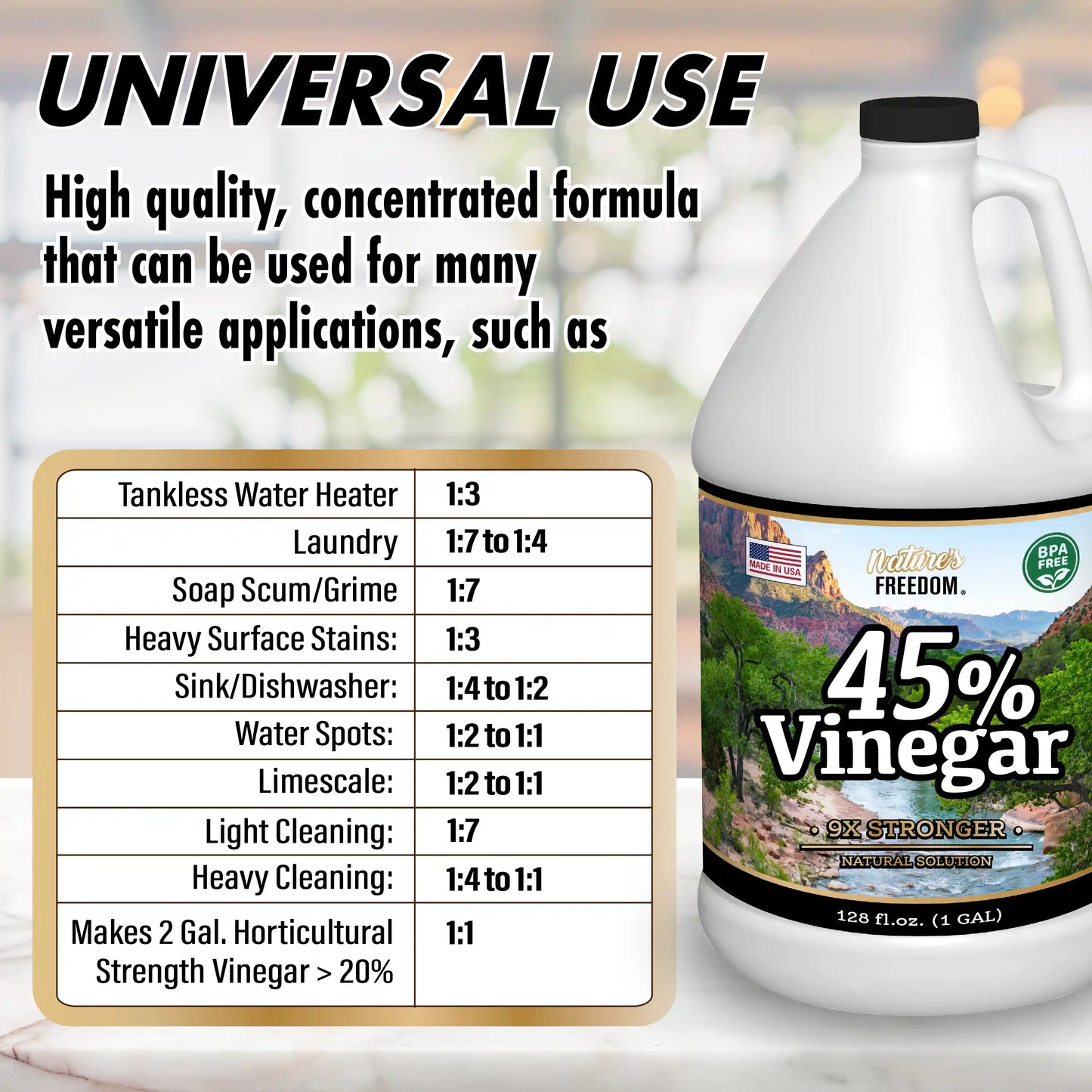 Nature's Freedom 45% vinegar universal use dilution chart for laundry cleaning limescale and heavy surface stains