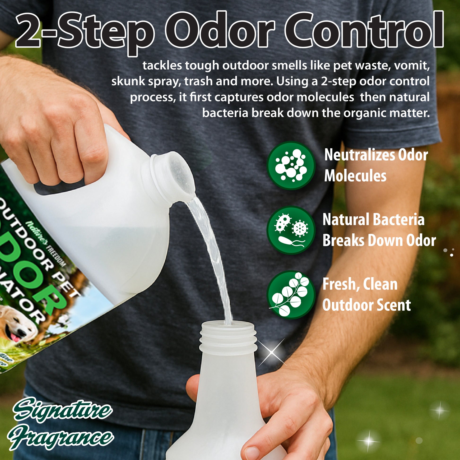 Nature's Freedom outdoor pet urine odor remover 2-step odor control neutralizes molecules and breaks down organic compounds