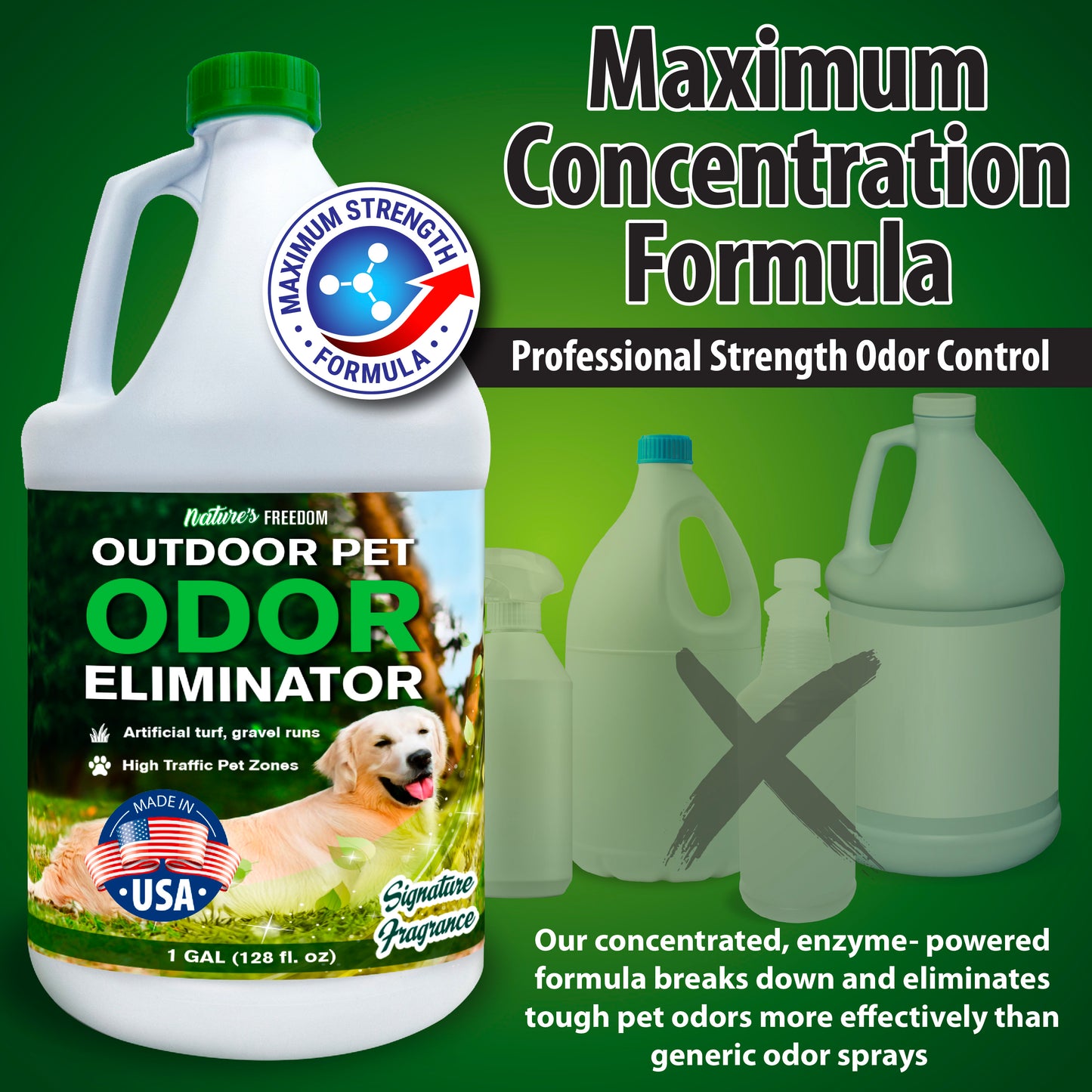 Nature's Freedom outdoor pet odor eliminator maximum concentration professional strength formula more effective than generic sprays