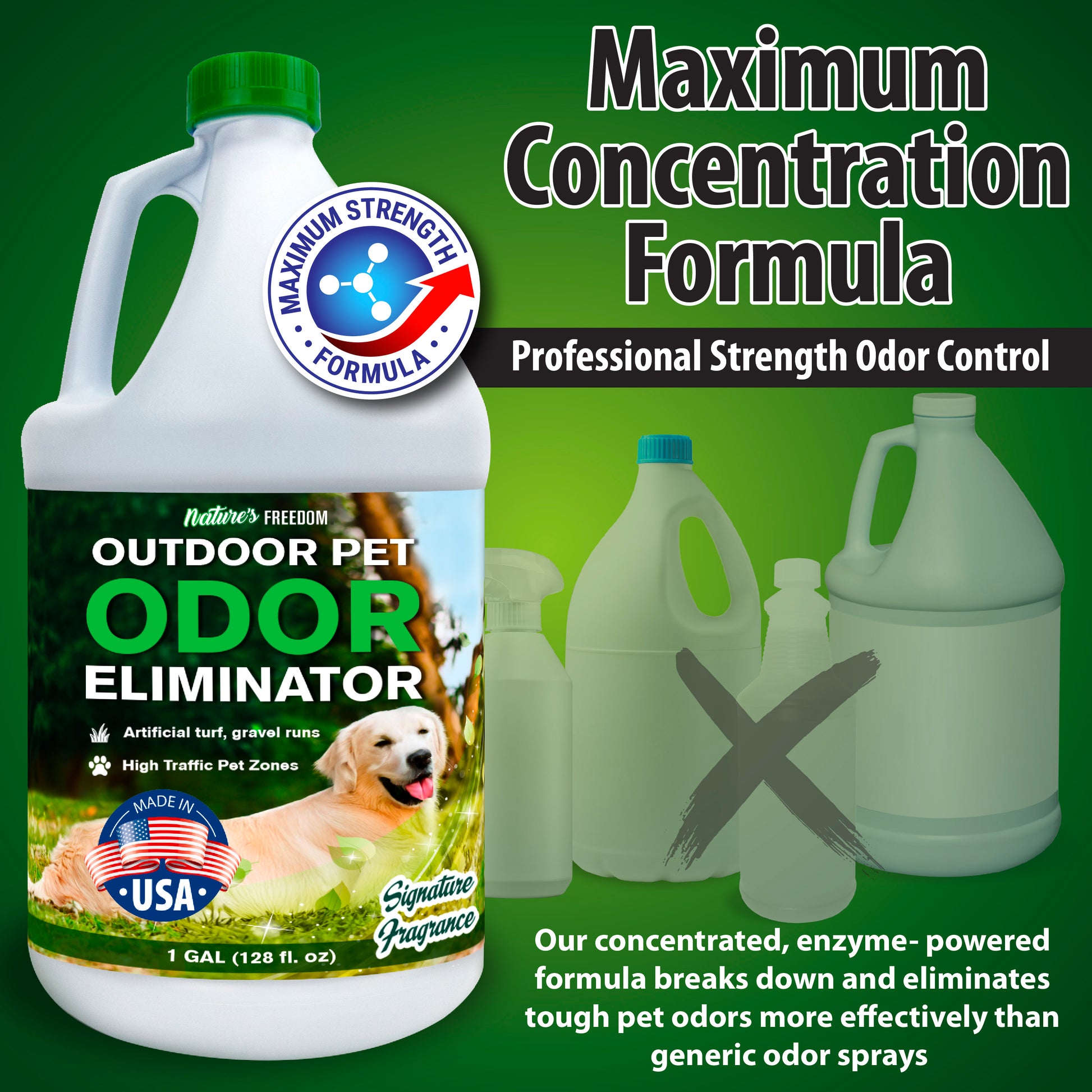 Nature's Freedom outdoor pet odor eliminator maximum concentration professional strength formula more effective than generic sprays