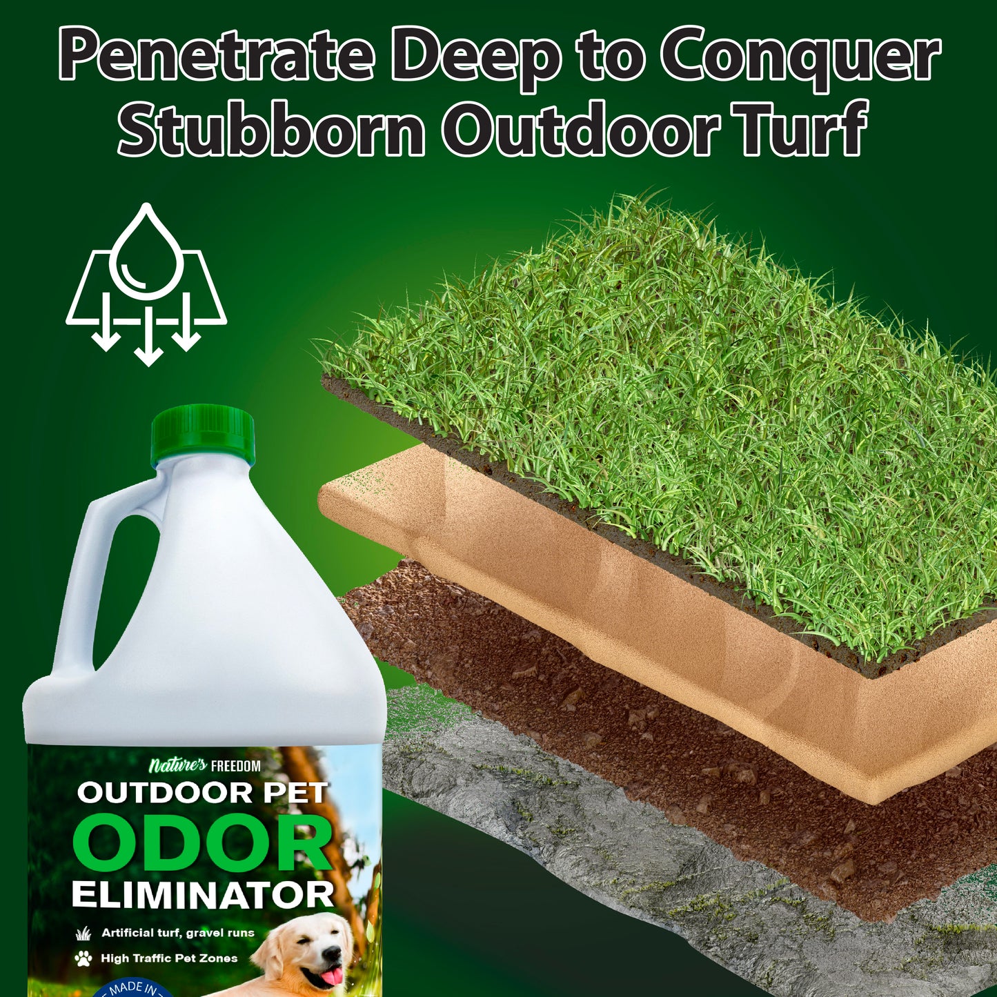 Nature's Freedom outdoor pet urine odor remover penetrates deep into artificial turf and soil to eliminate dog urine odors