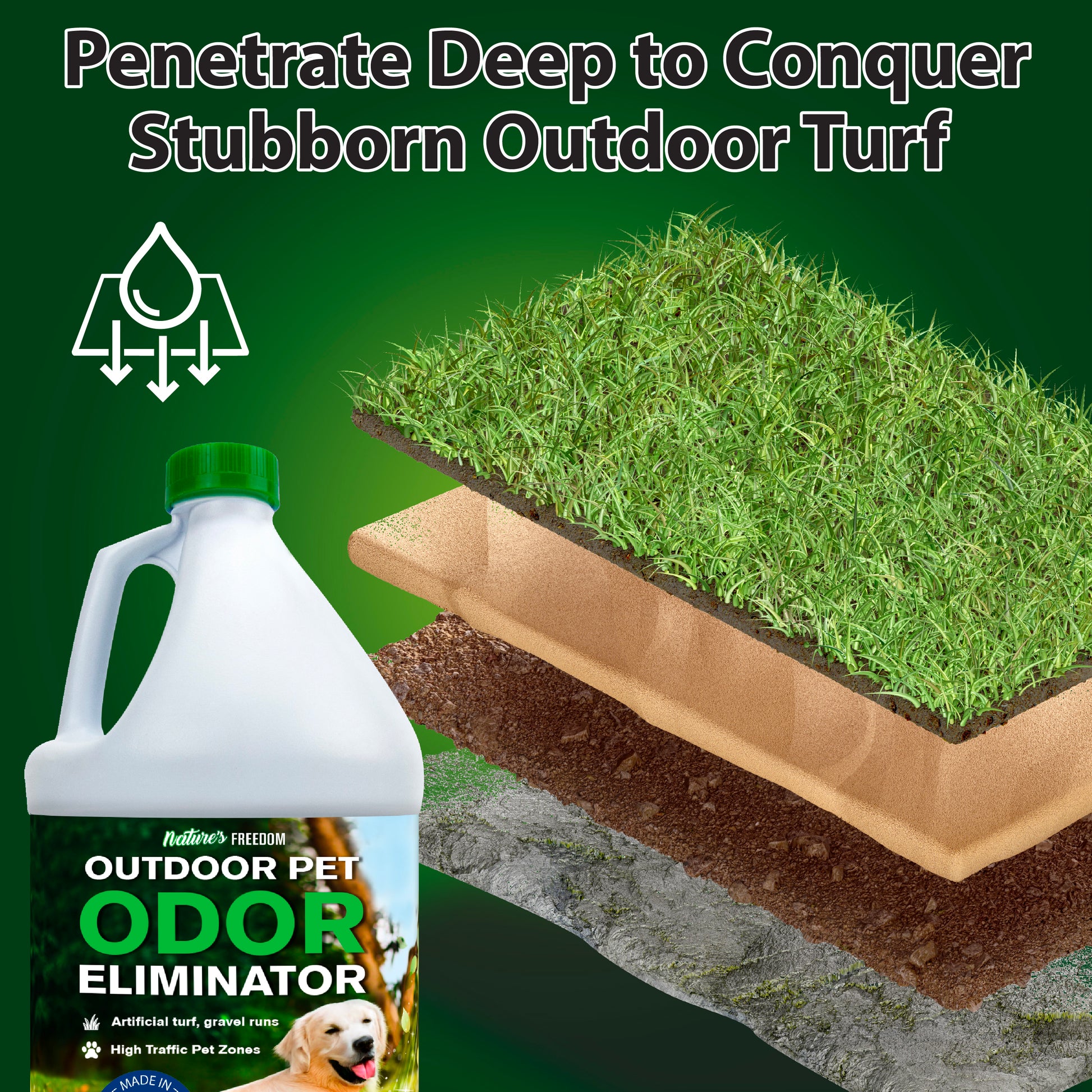 Nature's Freedom outdoor pet urine odor remover penetrates deep into artificial turf and soil to eliminate dog urine odors