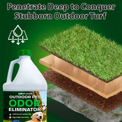 Nature's Freedom outdoor pet urine odor remover penetrates deep into artificial turf and soil to eliminate dog urine odors