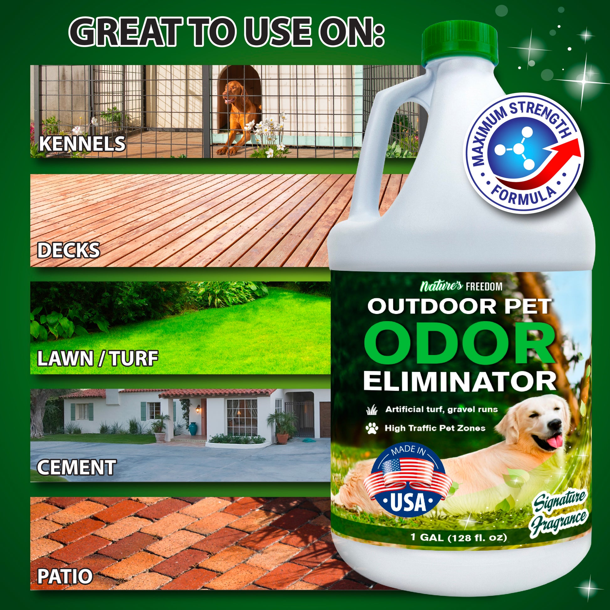 Pet-safe outdoor odor eliminator safe for dogs and artificial turf