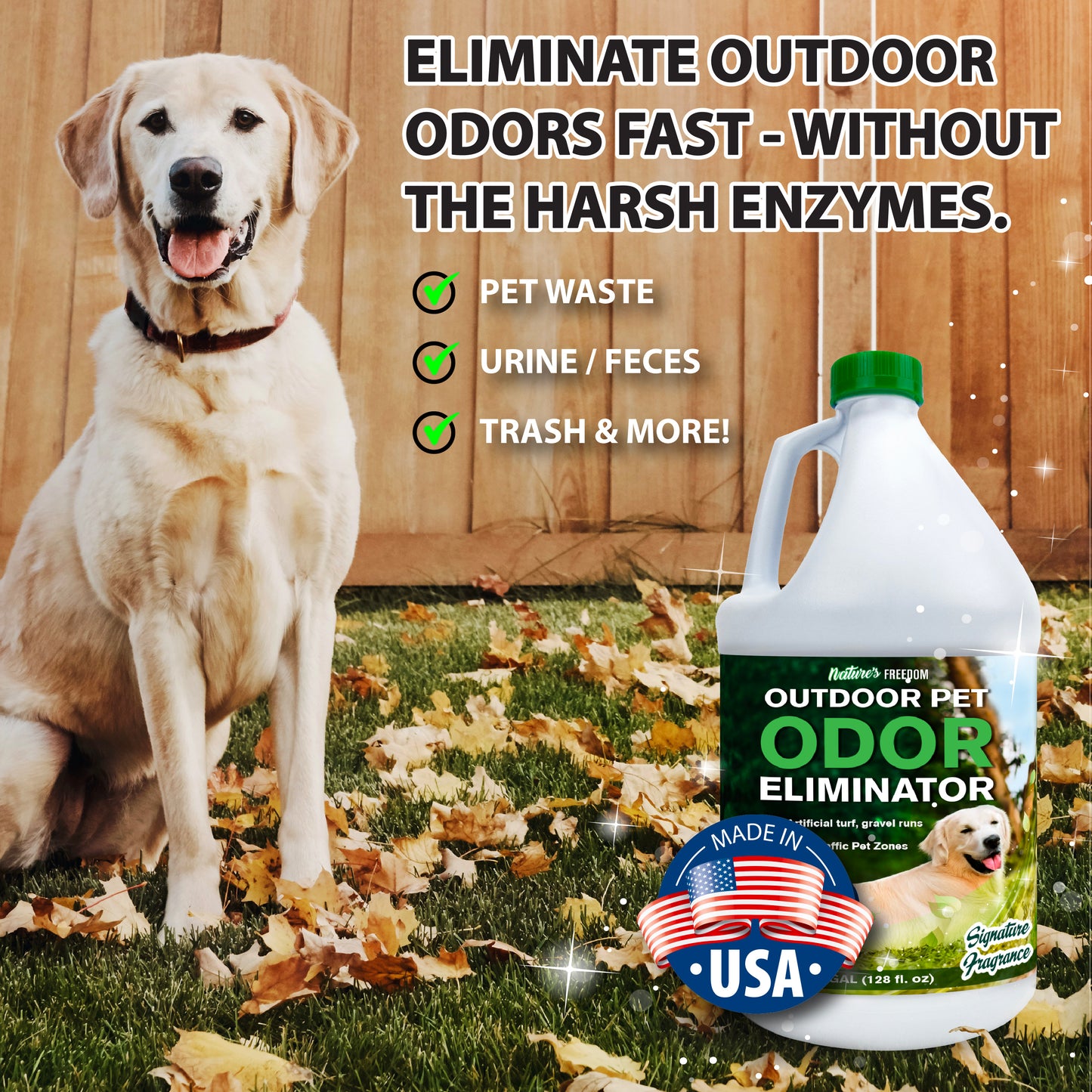 Outdoor pet urine odor remover applied to grass lawn using hose-end sprayer