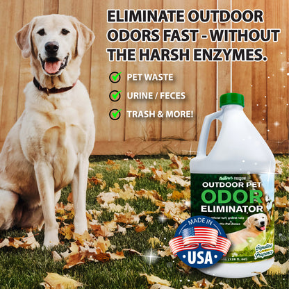 Outdoor pet urine odor remover applied to grass lawn using hose-end sprayer